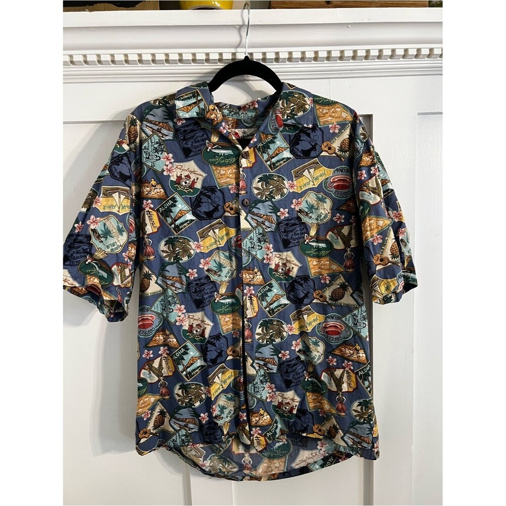 Hilo Hattie Shirt Mens medium Blue Hawaiian Original Button Up Floral Tree Print